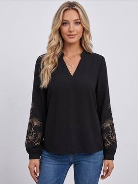 Boho Floral Embroidered Long Sleeve Blouse Black Mandarin Collar Top